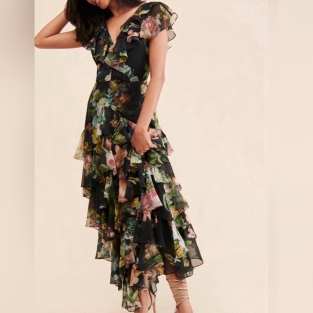 Vintage Floral Ruffle  Midi Dress - Black Floral
